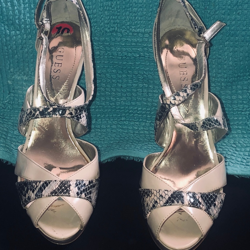 Guess Nude & Snakeskin Print Patent Leather Heels
